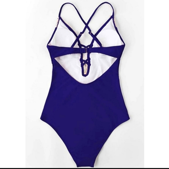 HP CUPSHE vintage XXL Sexy Blue Off White Lace plus size 1piece bathing … - Picture 3 of 9